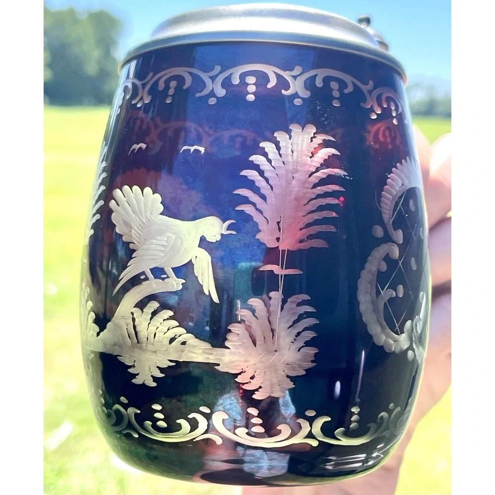 Vintage Bohemian Cut-to-Clear Glass Stein Beer Mug with Pewter Lid Grouse Design